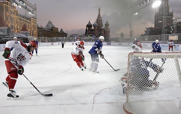 Hockey Players on Open Air Rink in Russia